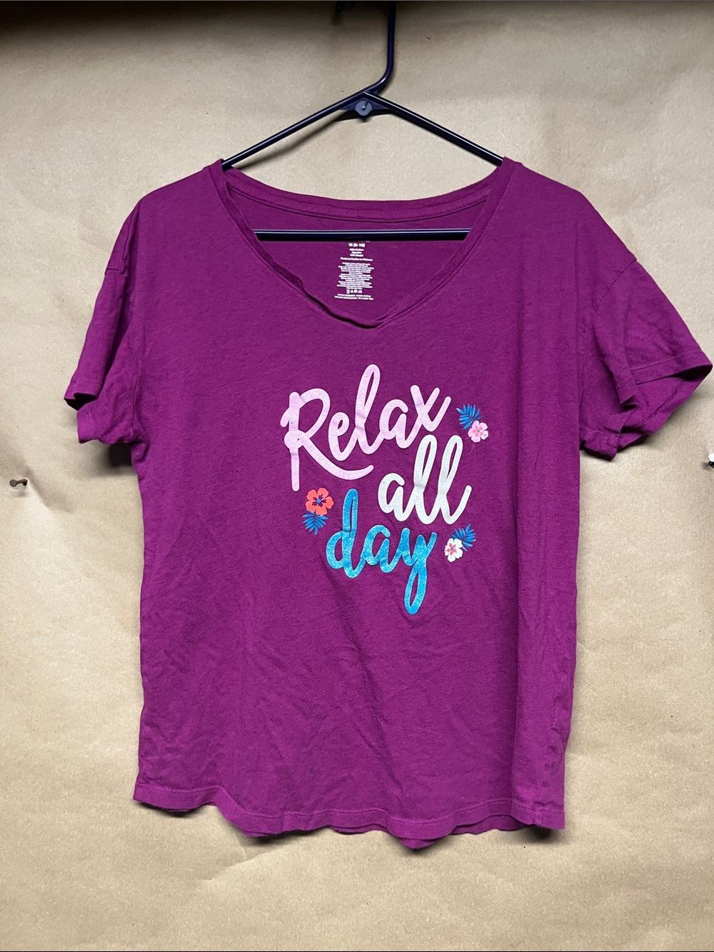 Secret Treasures Purple V-Neck Tee with 'Relax All Day' Floral Script